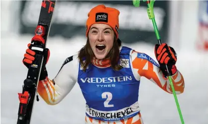  ?? ?? Slovakia's Petra Vlhova celebrates after winning a World Cup slalom on Thursday in Courchevel, France. Photograph: Giovanni Auletta/ AP