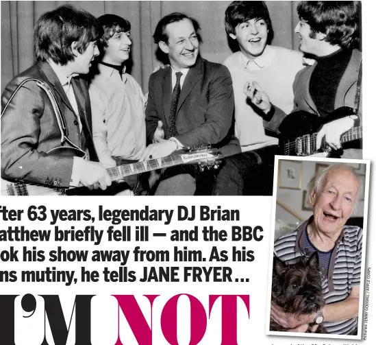  ??  ?? Legend of the 60s: Brian with his friends The Beatles. Inset, still smiling this week with dog Ebby