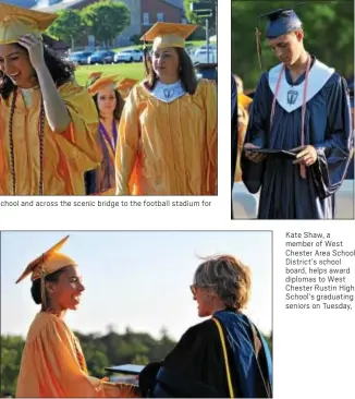  ??  ?? Despite the threat of pop-up storms, West Chester Rustin High School was able to hold its ninth commenceme­nt outside on a beautiful evening Tuesday. Kate Shaw, a member of West Chester Area School District’s school board, helps award diplomas to West...