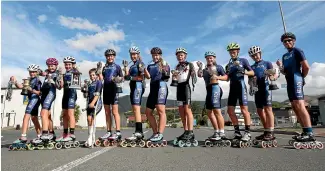  ?? MARTIN DE RUYTER/STUFF ?? Nelson speed skaters, from left, Emily Olthof, Charlotte Scott, Mikaela MacDonald, Liam MacDonald, Zena Denton, Tiah Stanton, Lydia Stack, Jamie Manson, Tiara Richards, Josh Trenkner, Luke Denton and Jason Connolly with their medals and trophies from the national championsh­ips.