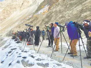  ?? Jill K. Robinson / Special to The Chronicle ?? Quiet enthusiast­s wait patiently for a glimpse of the elusive snow leopard.