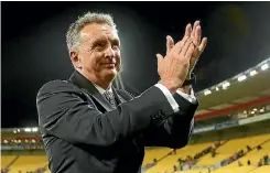  ?? HAGEN HOPKINS/ GETTY IMAGES ?? Ernie Merrick applauds fans for their support at Westpac Stadium in Wellington.