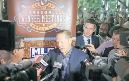 ?? MARK HUMPHREY/ASSOCIATED PRESS ?? Scott Boras, the agent for slugger Chris Davis, talks to reporters Wednesday at baseball’s winter meetings in Nashville, Tenn. Boras said of Davis’ future: “We’ve had many discussion­s with the Orioles ... and we’re certainly working through the process.”