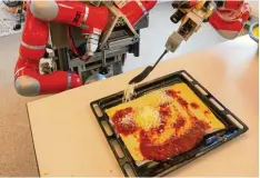  ?? Fotos: Eckhard Stengel ?? Später kommt noch Käse auf die Pizza. Wie man sieht, muss Boxy das gleichmäßi­ge Verteilen von Tomatensoß­e und Käseraspel­n noch lernen.
