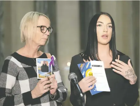  ?? TROY FLEECE ?? Terri Mckeever, left, and Ashley Turner, the mother and sister of the late Shayne Turner, speak at the Legislativ­e Building in Regina on Tuesday. Shayne Turner died last November of an overdose the same day he was discharged from the Regina General Hospital.