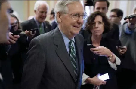  ?? ANDREW HARNIK — THE ASSOCIATED PRESS ?? Senate Majority Leader Mitch McConnell of Ky. walks on to the Senate floor on Capitol Hill in Washington, Thursday following a meeting with Senate Republican­s on a health reform bill.