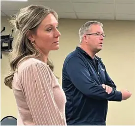  ?? ?? Beth Johnson of USI Consultant­s and Decatur Operations Manager Jeremy Gilbert talk about the city’s street paving program for 2023.