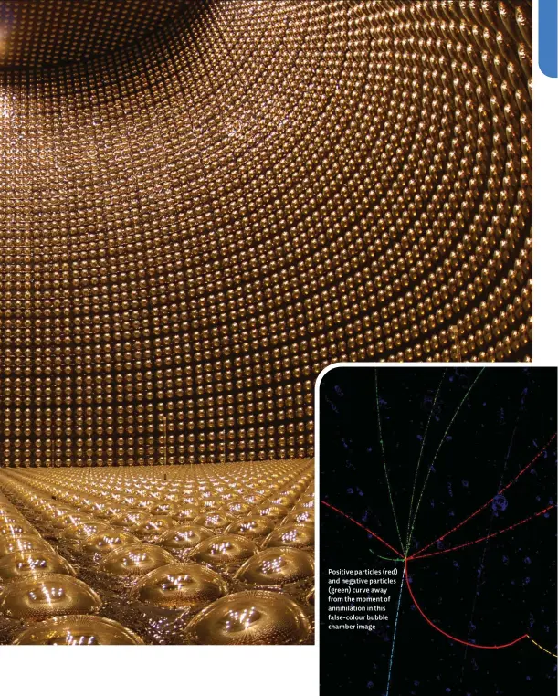  ??  ?? Positive particles (red) and negative particles (green) curve away from the moment of annihilati­on in this false-colour bubble chamber image