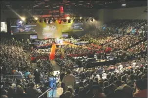  ?? The Sentinel-Record/ Richard Rasmussen ?? FULL HOUSE: Country music artist Justin Moore performs in front of a near-capacity crowd during the Forrest Wood Cup at Bank OZK Arena Sunday following the final weigh-in of the 2018 Forrest Wood Cup. The 2019 FLW Cup will return to Lake Ouachita marking the sixth time the championsh­ip has been hosted in central Arkansas.