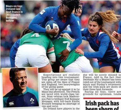  ?? ?? Blues on top: Ireland last beat France in 2017; coach Bemand, below