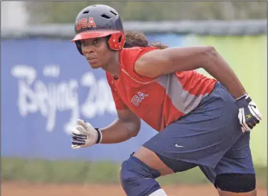  ?? Associated Press ?? Practice: U.S. softball player Natasha Watley runs during practice Sunday, Aug. 10, 2008, at the Beijing 2008 Olympics in Beijing. Watley, a Black woman and two-time Olympic medalist in softball, started playing when she was 5. She did not have a Black teammate until she was a teenager and said there were so few girls of color who played with her and went on to college teams that she could count them on one hand.