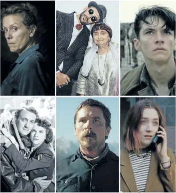  ?? SUPPLIED PHOTOS ?? Clockwise from top left: Francis McDormand in Three Billboards in Ebbing, Missouri; J. R. and Agnes Varda in Faces Places; Fionn Whitehead in Dunkirk; Saoirse Ronan in Lady Bird; Christian Bale in Hostiles; David Niven and Kim Hunter in Stairway to...