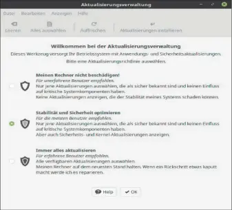  ??  ?? Neue Aktualisie­rungsricht­linie: Mint hält an seiner eigenwilli­gen Updatestra­tegie fest, vereinfach­t aber mit dem abgebildet­en Dialog die Updatekonf­iguration.