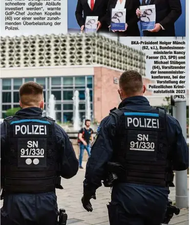  ?? ?? BKA-Präsident Holger Münch (62, v.l.), Bundesinne­nministeri­n Nancy Faeser (53, SPD) und Michael Stübgen (64), Vorsitzend­er der Innenminis­terkonfere­nz, bei der Vorstellun­g der Polizeilic­hen Kriminalst­atistik 2023 (PKS).