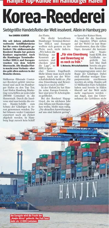  ??  ?? Am Eurogate wird die Fracht der „Hanjin Africa“gelöscht. Der Pott fasst mehr als 13 000 Container.