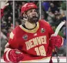  ?? ABBIE PARR — THE ASSOCIATED PRESS ?? Denver forward Jared Wright celebrates a goal during the second period against Boston College in the championsh­ip.