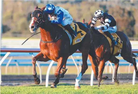  ?? Picture: GRANT PETERS, TRACKSIDE PHOTOGRAPH­Y ?? Crack Me Up wins the Sunshine Coast Guineas over 1600m, the same distance as tomorrow’s Tattersall’s Mile at Doomben.