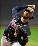  ?? Quinn Harris / Getty Images ?? Ian Anderson of the Braves allowed one run and two hits with four strikeouts and four walks in six-plus innings on Saturday.