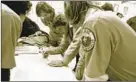  ?? S.D. HISTORY CENTER/U-T COLLECTION ?? John Wehbring (center), leader of the San Diego Mountain Rescue Team, goes over a map of Palomar Mountain during the search for Jimmy Beveridge in 1981.