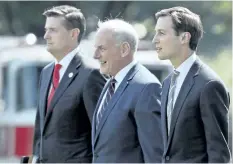  ?? ALEX BRANDON/AP FILES ?? From left, White House Staff Secretary Rob Porter, White House Chief of Staff John Kelly, and White House senior adviser Jared Kushner walk to Marine One at the White House in Washington. U.S. President Donald Trump was en route to Bedminster, N.J.,...