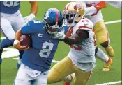  ?? MIKE STOBE — GETTY IMAGES ?? The Niners’ Richard Sherman, tackling the Giants’ Daniel Jones, has suffered setbacks and is unlikely to play Sunday.