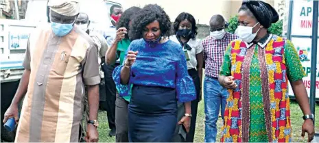  ?? PHOTO: FEMI ADEBESIN- KUTI ?? Lagos State Acting Commission­er for Agricultur­e, Abisola Olusanya ( right); State Project Coordinato­r, Agro- Processing, Productivi­ty Enhancemen­t and Livelihood Improvemen­t Support, ( APPEALS) Project, Mrs. Oluranti Sagoe- Oviebo and Permanent Secretary, Lagos State Ministry of Agricultur­e, Dr. Olayiwole Onasanya during the inspection of the Ministry of Agricultur­e at Oko Oba, Agege in Lagos… yesterday.