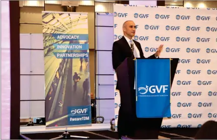  ?? SUBMITTED PHOTO ?? Justin Schor, principal with transporta­tion consulting firm Wells + Associates, speaks Monday at GVF’s annual TDM Advocates Breakfast. The event recognized more than 40 organizati­ons for their commitment to implementi­ng programs that promote commuting alternativ­es.
