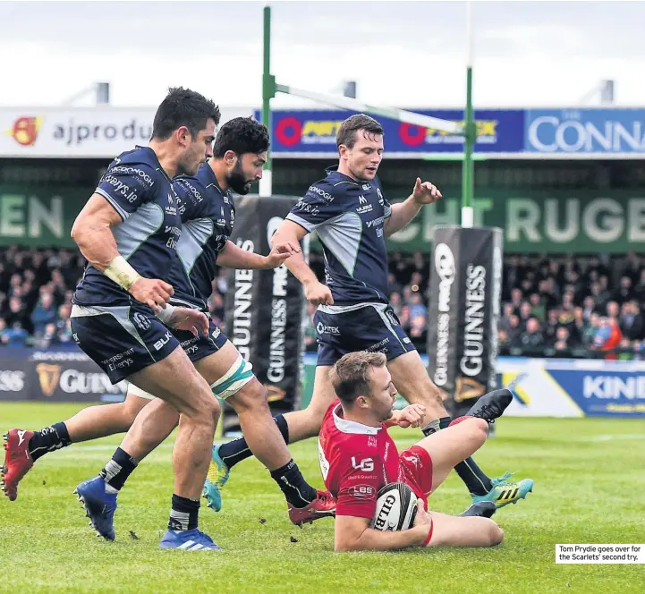  ??  ?? Tom Prydie goes over for the Scarlets’ second try.