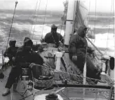  ??  ?? Above: tough conditions in the 77/78 Whitbread. Right: Flyer under full (original) sail. Left: Van Rietschote­n’s competitor­s’ plaque.
Below: restored and racing again