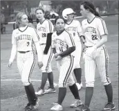  ?? Photo by Bob Parana ?? Icy Addeo (#3), Dana Beimel (#11), Izzi Lawrie (22), Josie Gerber (28), Shelby Sorg (9), and the Ramettes improved to 2-4 with a doublehead­er win at Port Allegany on Monday. The Paper City girls host Brockway (1-4) today at Knothole Fields.