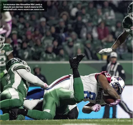  ?? PHOTO AGENCE QMI, DEREK ELVIN ?? Le receveur des Alouettes Nik Lewis a disputé son dernier match dans la CFL vendredi soir.