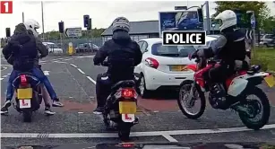  ??  ?? Police stop! Officer on a scrambler bike roars up to youths on mopeds