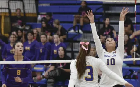  ?? PHOTO AARON BODUS ?? Brawley’s Jalyn Ayala (10) sets the ball in the Wildcats’ four-set home win over Southwest’s Eagles Tuesday night.