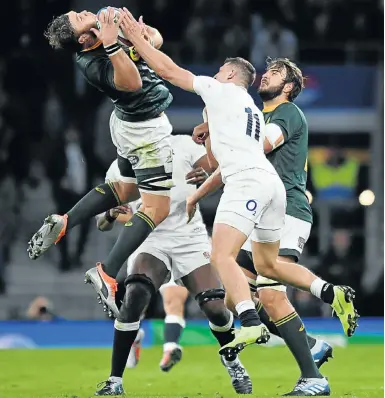  ?? Picture: Reuters ?? SA's Duane Vermeulen claims the high ball against England's Jonny May.