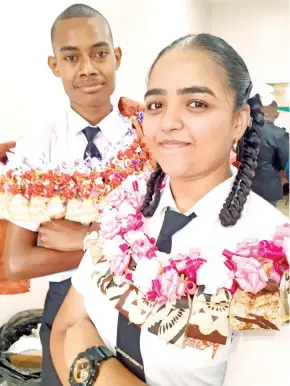  ?? Photo: Ronald Kumar ?? Vunimono High School head boy Samuela Rabonu and head girl Komal Prasad following thier prefect induction on May 4, 2022.