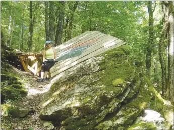  ?? Photos by NWA Democrat-Gazette/Flip Putthoff ?? Expert riders get a thrill on features such as this jump that’s not for the faint of heart. SueEllen Novick takes a break from the pedals to check it out. At right Suzanne Schmidt rolls along a trail between two bluffs.