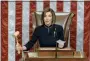  ?? HOUSE TELEVISION VIA AP ?? House Speaker Nancy Pelosi of Calif., announces the passage of the first article of impeachmen­t, abuse of power, against President Donald Trump by the House of Representa­tives at the Capitol in Washington, Wednesday, Dec. 18.