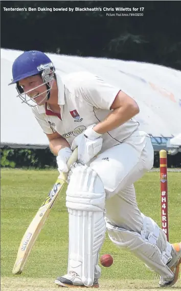  ?? Picture: Paul Amos FM4438200 ?? Tenterden’s Ben Daking bowled by Blackheath’s Chris Willetts for 17