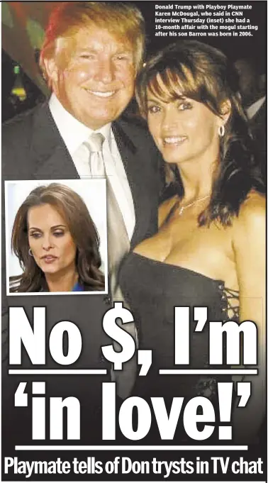  ??  ?? Donald Trump with Playboy Playmate Karen McDougal, who said in CNN interview Thursday (inset) she had a 10-month affair with the mogul starting after his son Barron was born in 2006.