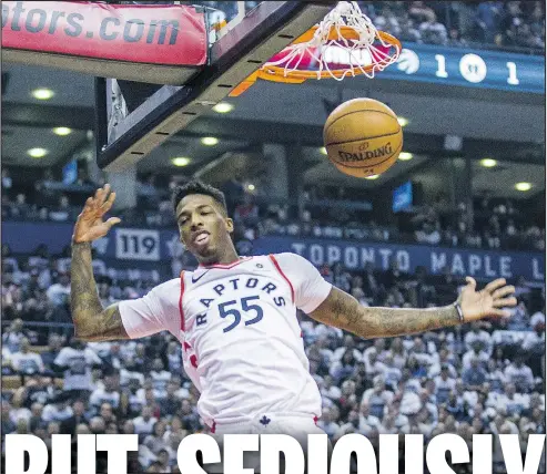  ?? ERNEST DOROSZUK/TORONTO SUN ?? Delon Wright dunks the ball during the Raptors’ Game 2 win over the Washington Wizards last night at the ACC.