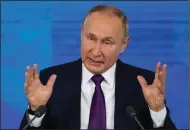  ?? (AP/Alexander Zemlianich­enko) ?? Russian President Vladimir Putin gestures while speaking during his annual news conference Thursday in Moscow, Russia. Video at arkansason­line.com/1224putin2­1/.