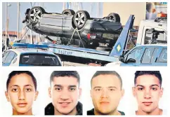  ??  ?? The terrorists’ car hit a kerb and possibly a police car before flipping over. From left to right, Moussa Oukabir, Younes Abouyaaqou­b, Mohamed Hychami and Said Aalla