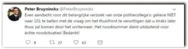  ?? FOTO RR ?? De tweet van Peter Bruyninckx, woordvoerd­er van het Vlaams Verkeersce­ntrum.