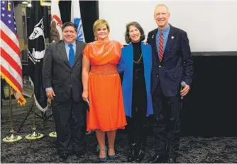  ?? PROVIDED PHOTO BY SEAN SU @PURPLEPHOT­OCO ?? Gov.-elect J.B. Pritzker (left) and his wife, M.K. Pritzker, with Gov. Bruce Rauner and first lady Diana Rauner at a reception Monday honoring 200 Illinois veterans at Navy Pier.