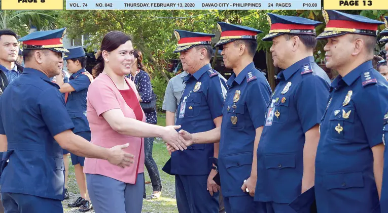 ??  ?? MAYOR SARA DUTERTE is accompanie­d by police regional director, Brig. Gen. Filmore Escobal, who introduced his officers during her arrival as the guest speaker of the Philippine National Police 29th foundation anniversar­y held at Camp Quintin Merecido on Tuesday. BING GONZALES