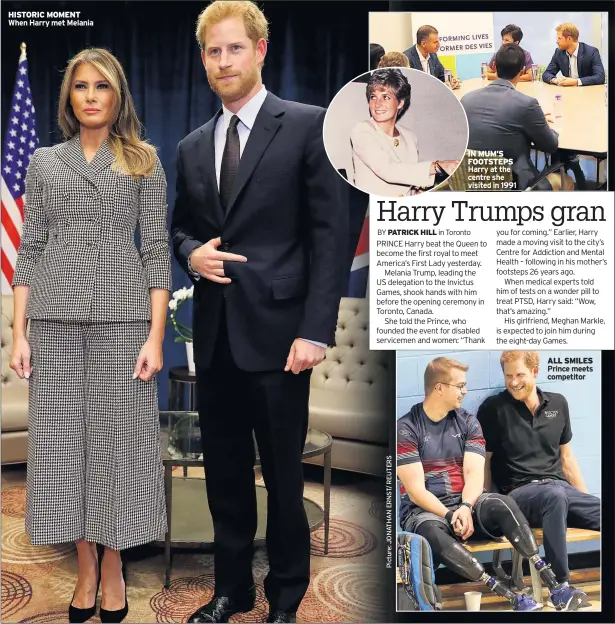  ??  ?? HISTORIC MOMENT When Harry met Melania IN MUM’S FOOTSTEPS Harry at the centre she visited in 1991 ALL SMILES
Prince meets competitor