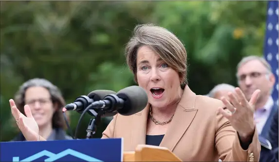  ?? NANCY LANE — BOSTON HERALD ?? Gov. Maura Healey introduces her $4.1 billion housing bond bill during an appearance in Chelsea, Wednesday.