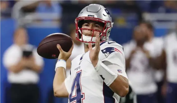  ?? ASSOCIATED PRESS ?? CONNECT 4: Jarrett Stidham had a solid preseason debut for the Patriots in Thursday’s victory in Detroit, completing 14-for-24 passes for 179 yards and a touchdown.