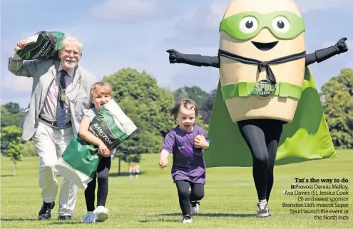  ??  ?? Tat’s the way to do it Provost Dennis Melloy, Ava Davies (5), Jessica Cook (3) and event sponsor Branston Ltd’s mascot Super Spud launch the event at the North Inch