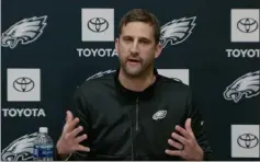  ?? MEDIANEWS GROUP PHOTO ?? Eagles head coach Nick Sirianni virtually talks with his hands Wednesday about the rock, paper, scissors and Jeopardy games he added to interactiv­e interviews of prospects for next week’s NFL draft.